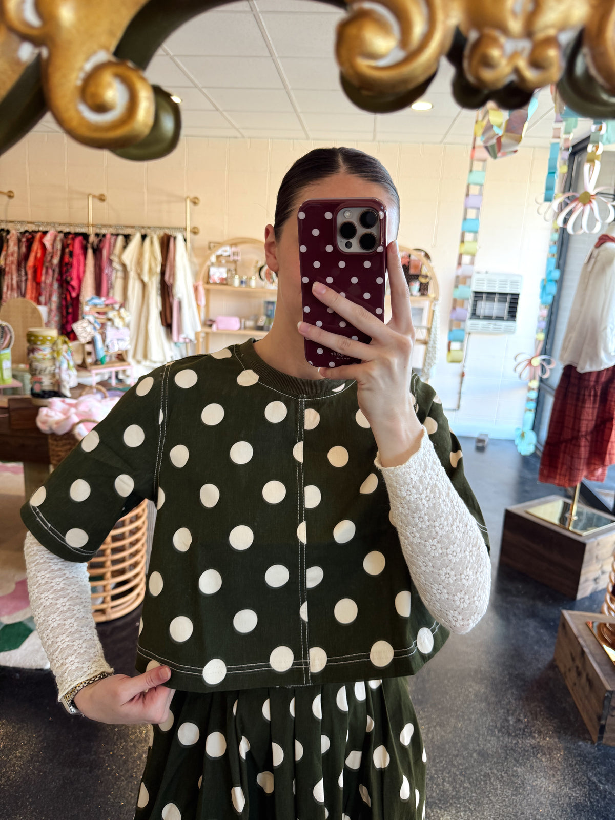 Olive Polka Dot Set Top