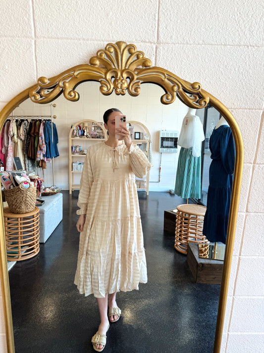 Cream Striped Tiered Dress