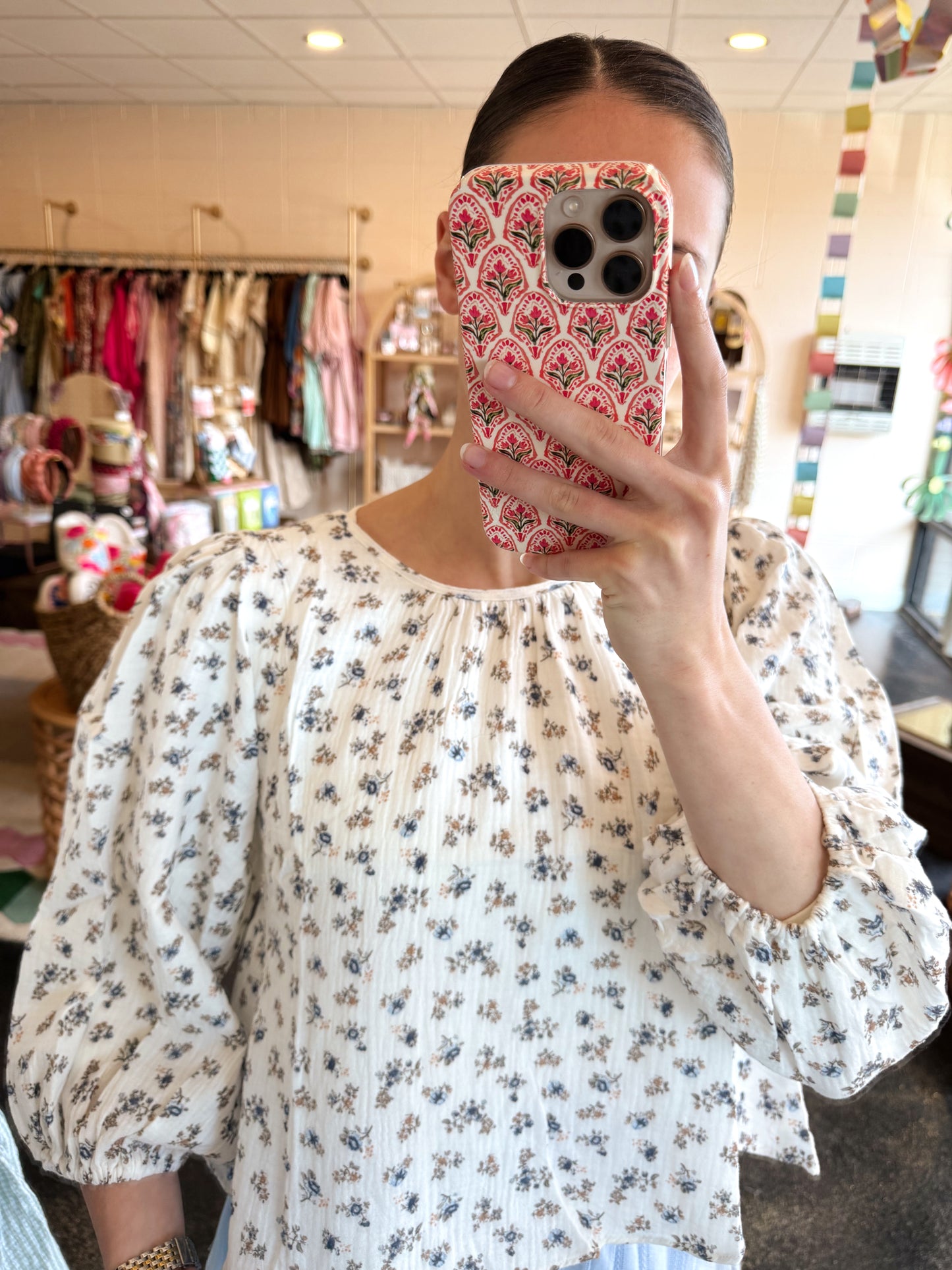 White Gauze Floral Top - LARGE
