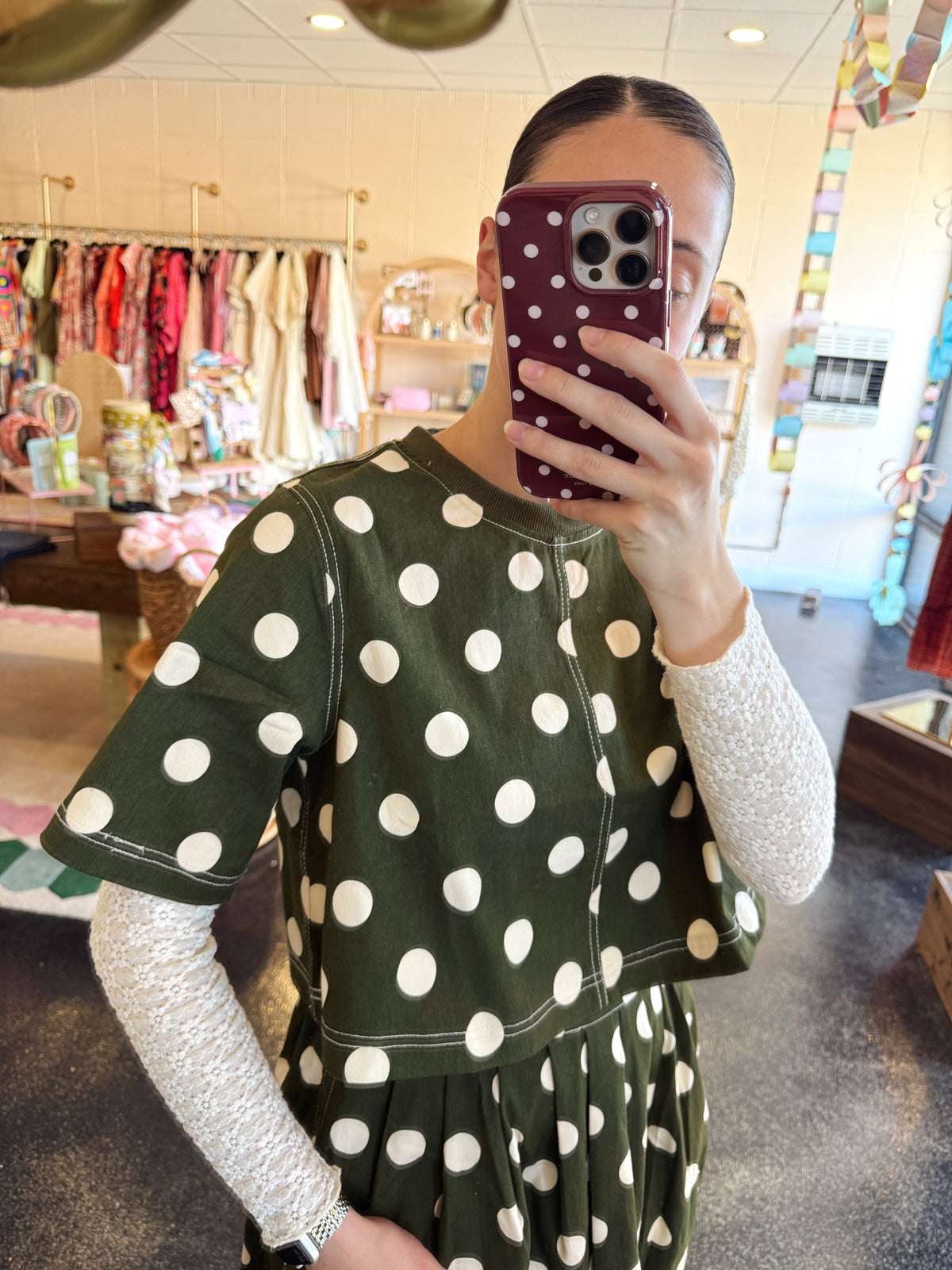 Olive Polka Dot Set Top