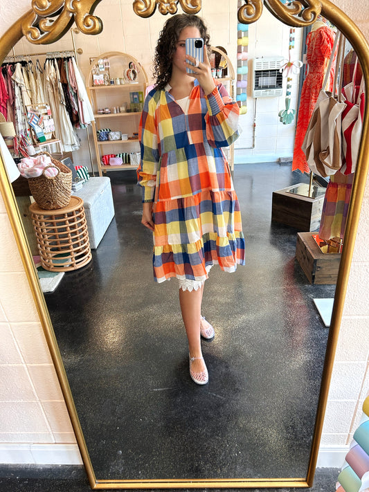 Orange Blue Gingham Dress