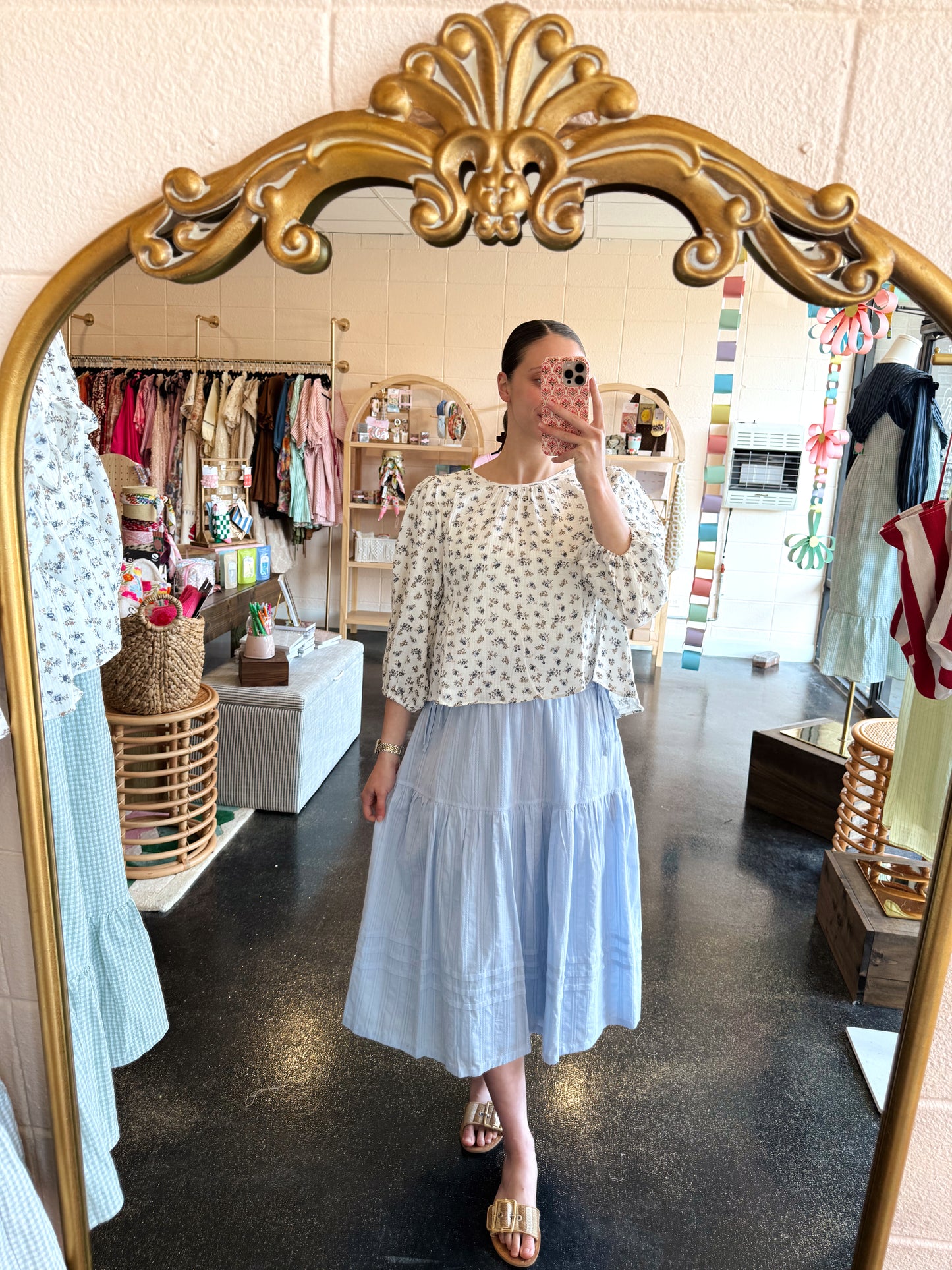 White Gauze Floral Top - LARGE