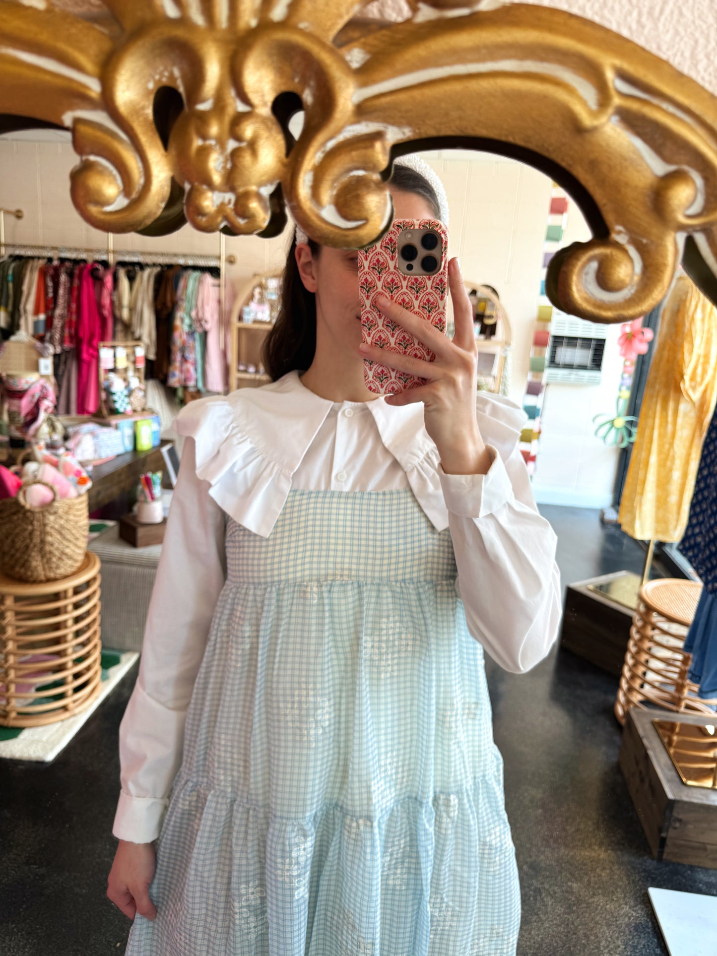 Tiered Gingham Embroidered Dress