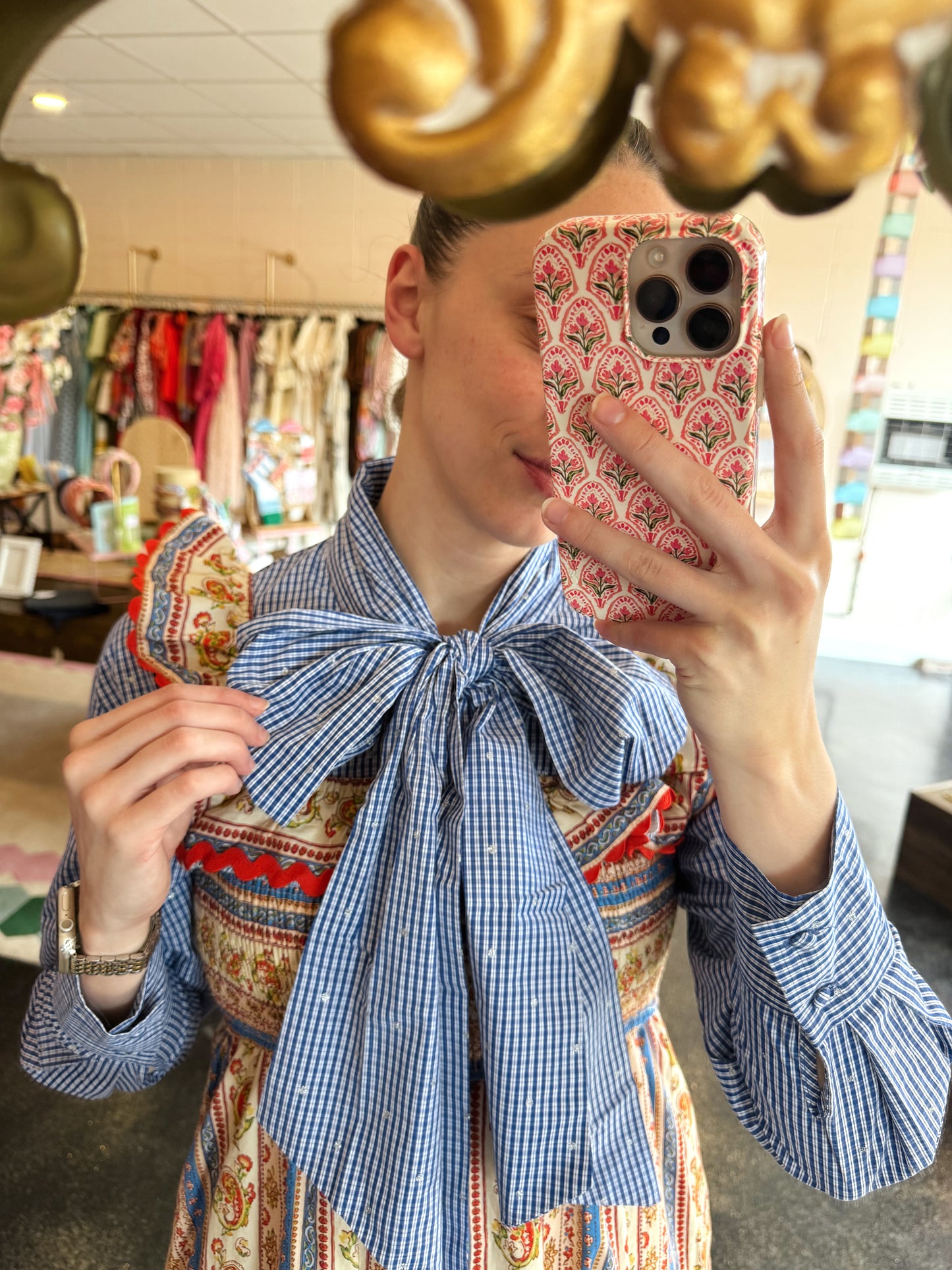 Check Dot Bow Blouse