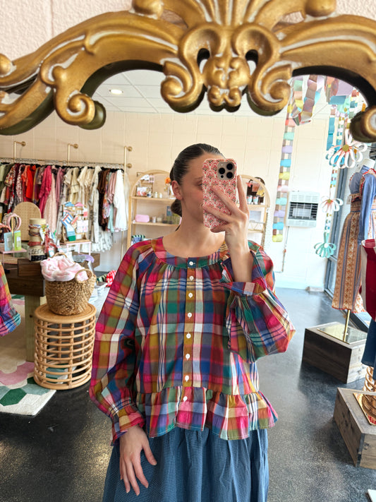 Pink/Navy Plaid Top