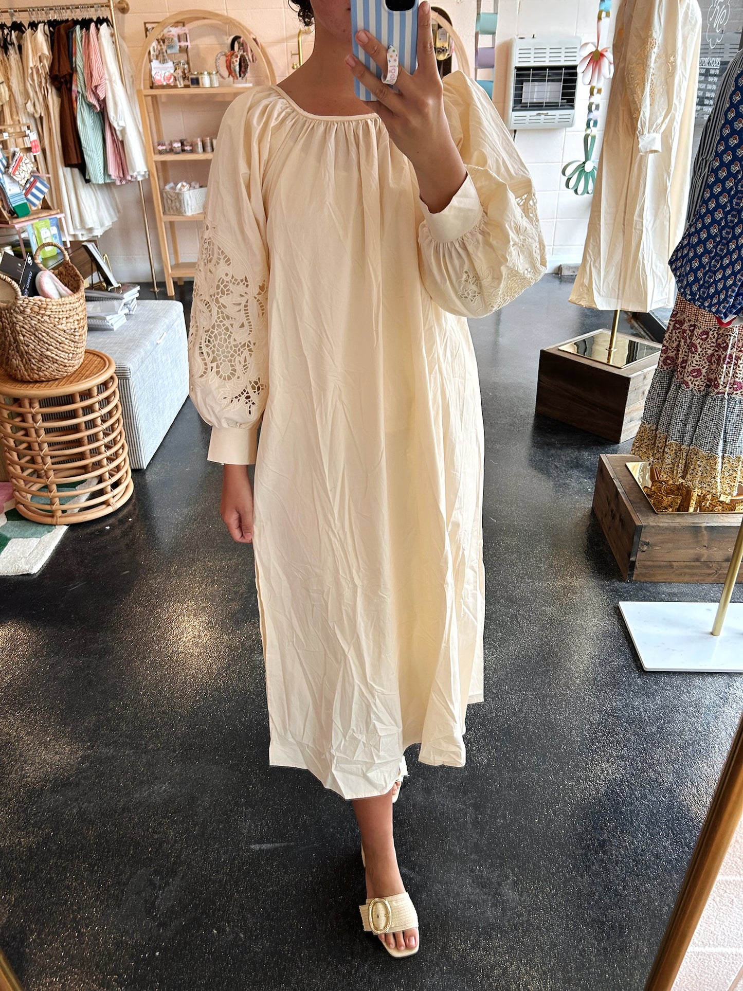 Cream Openwork Embroidery Dress