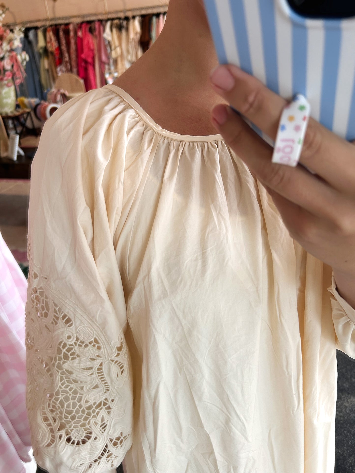 Cream Openwork Embroidery Dress