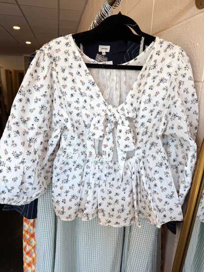 White Gauze Floral Top - LARGE