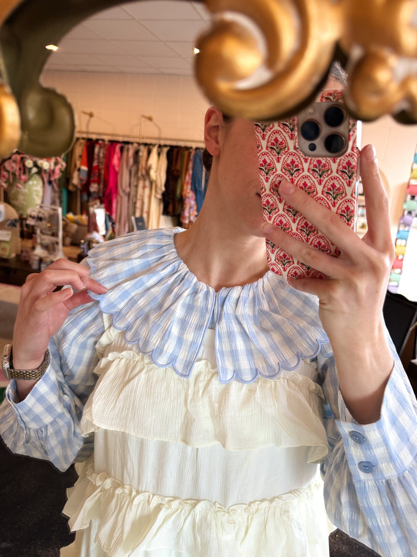 Blue Gingham Plaid Collar Top