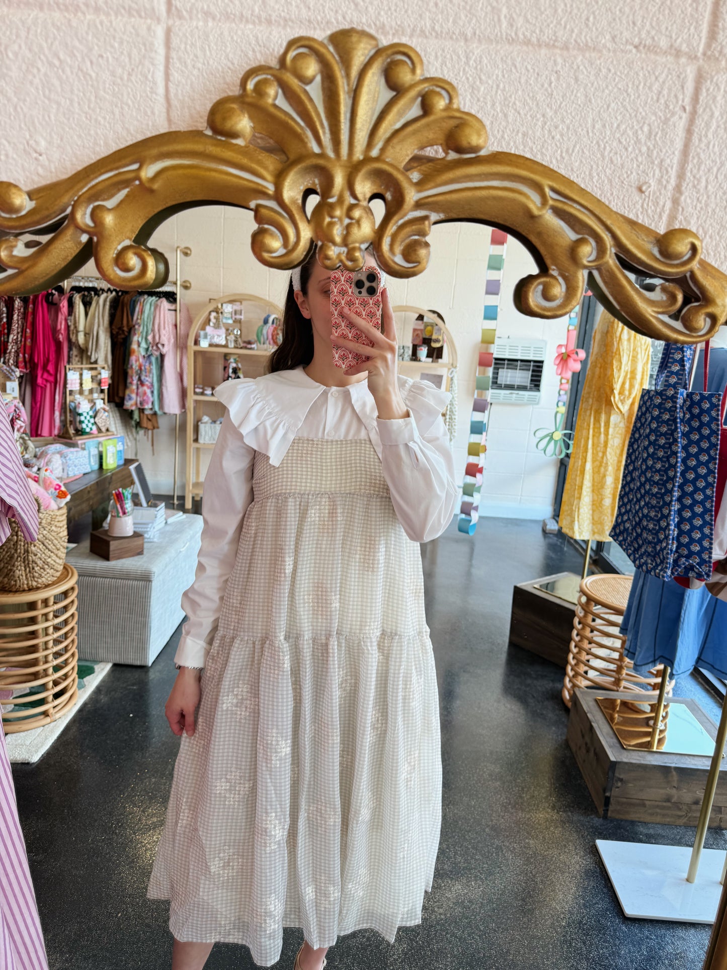 Tiered Gingham Embroidered Dress