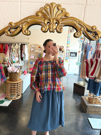 Pink/Navy Plaid Top