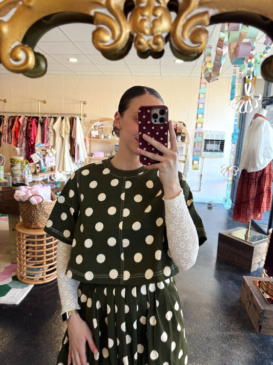 Olive Polka Dot Set Top