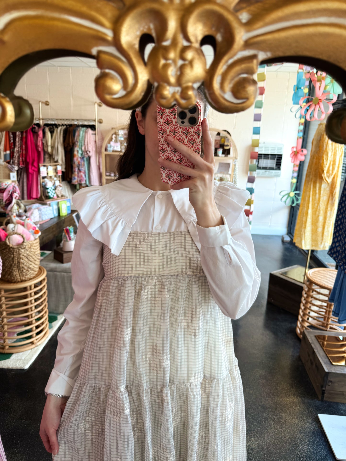 Tiered Gingham Embroidered Dress