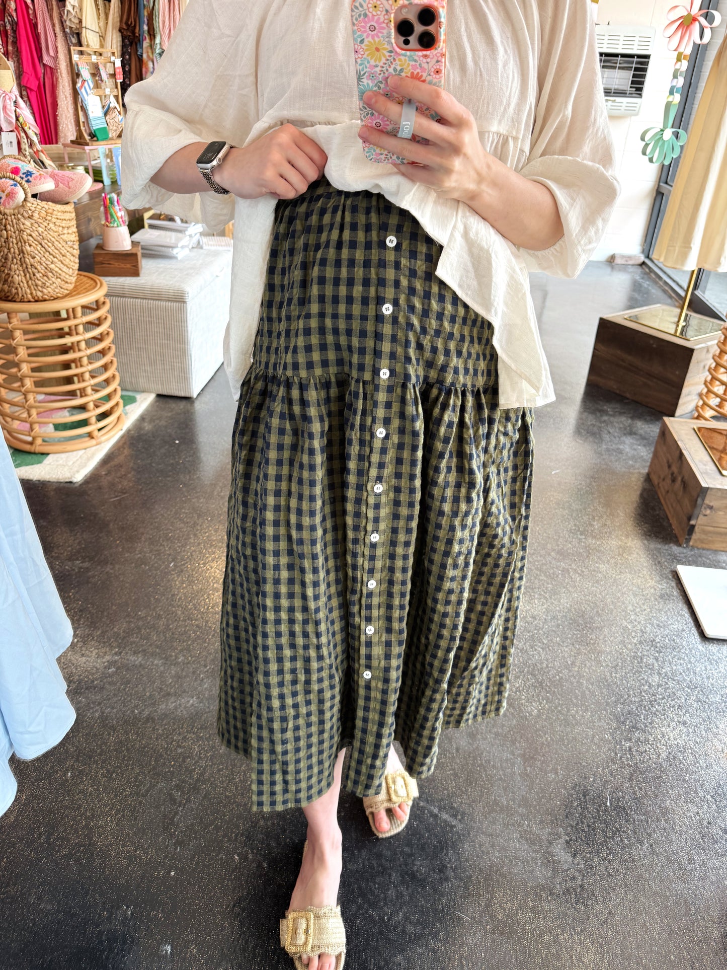 Front Button Check Skirt