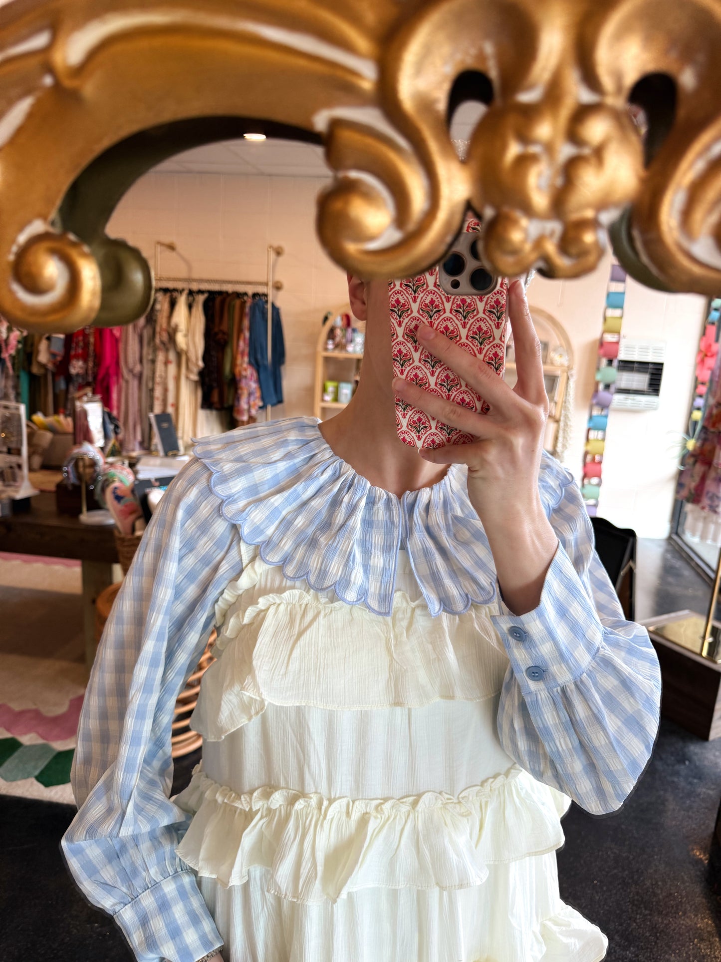 Blue Gingham Plaid Collar Top