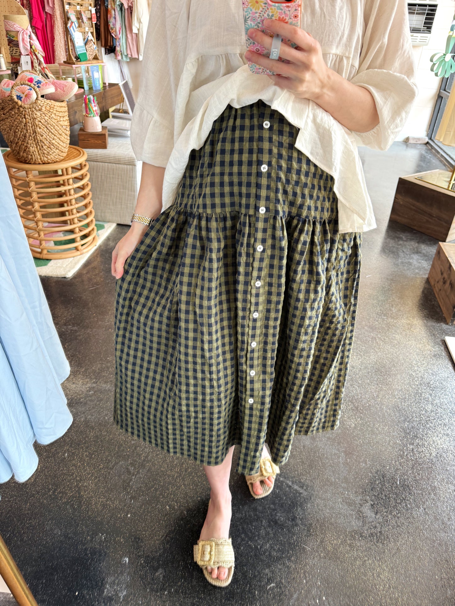 Front Button Check Skirt