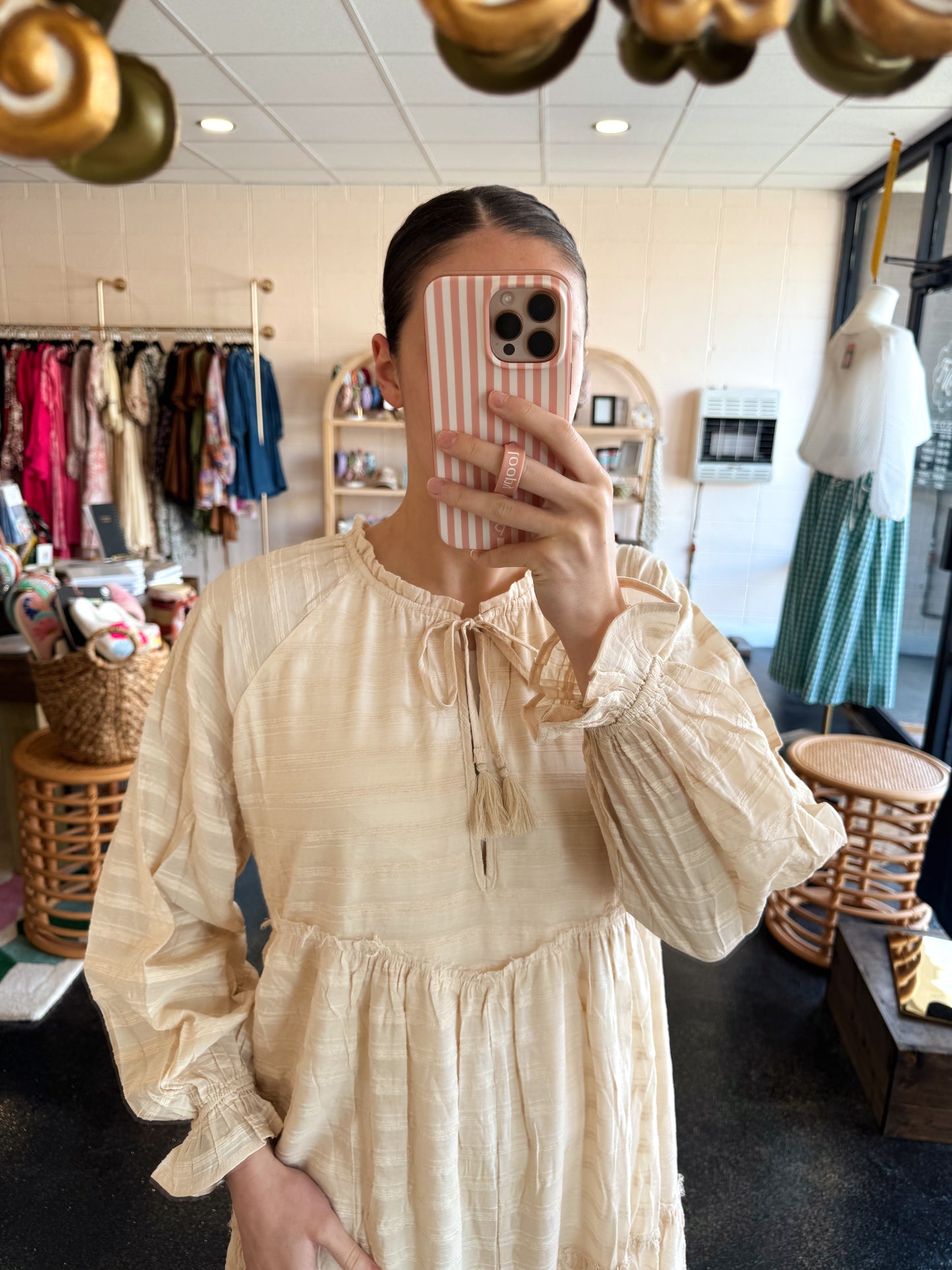 Cream Striped Tiered Dress