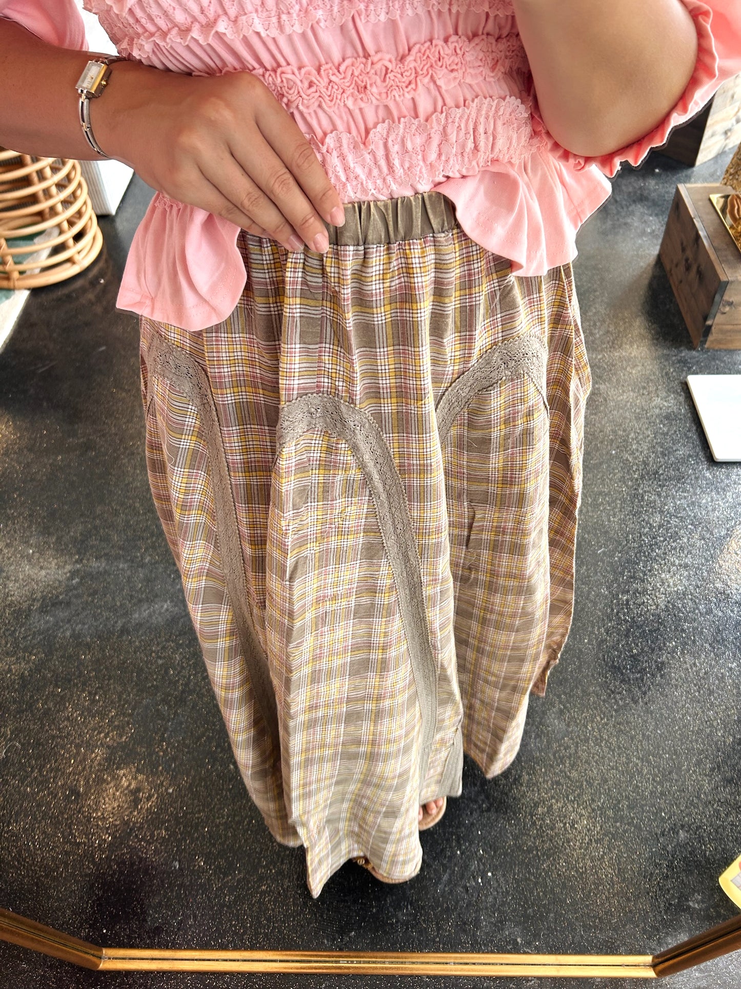 Mushroom Plaid Mix Skirt
