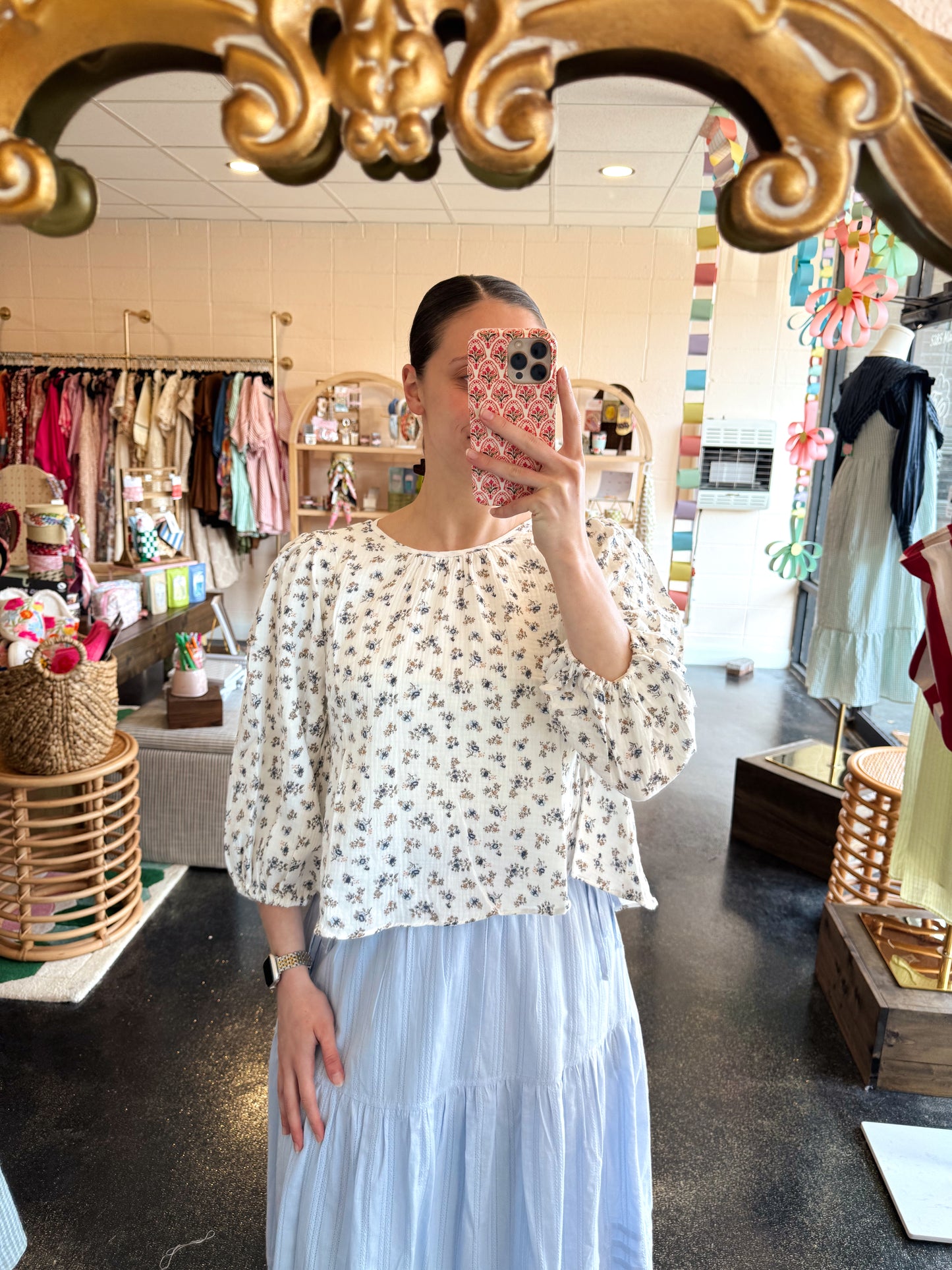 White Gauze Floral Top - LARGE