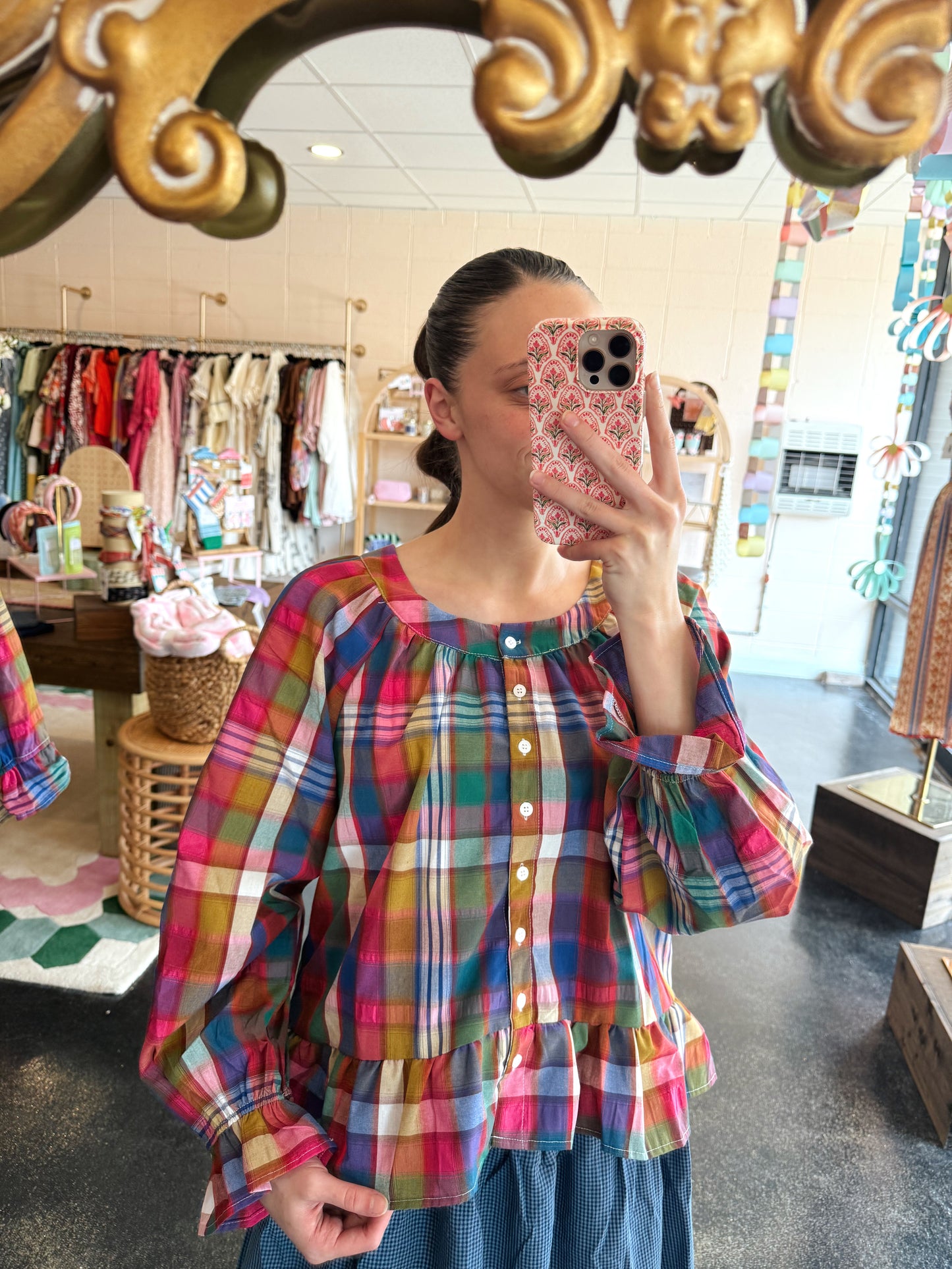 Pink/Navy Plaid Top