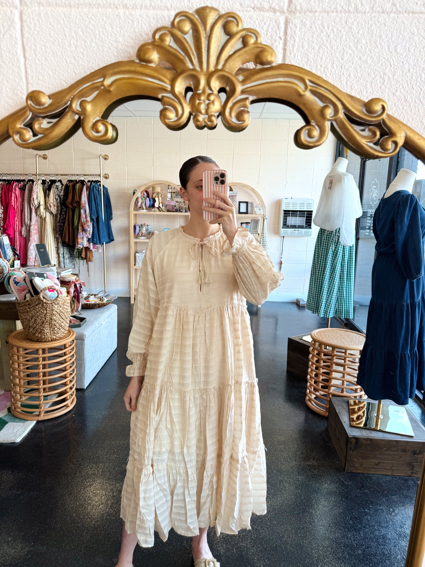 Cream Striped Tiered Dress