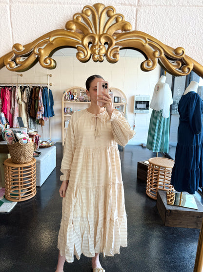 Cream Striped Tiered Dress