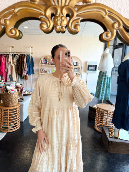 Cream Striped Tiered Dress