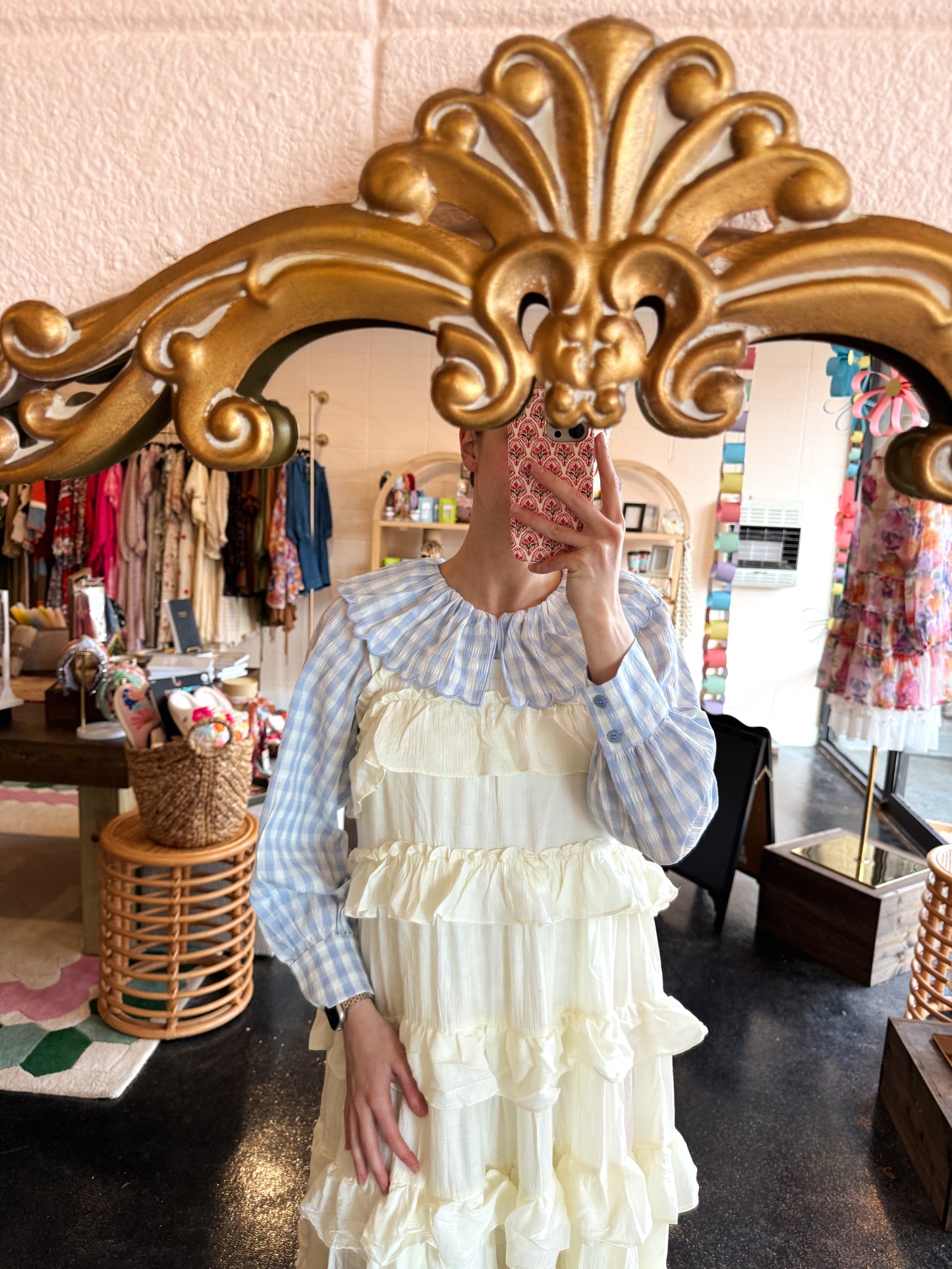 Blue Gingham Plaid Collar Top