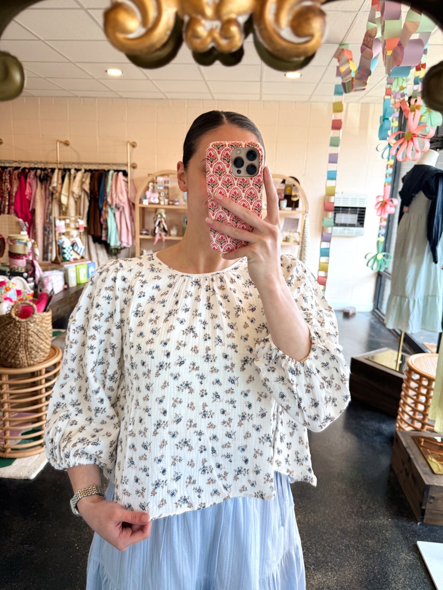White Gauze Floral Top - LARGE