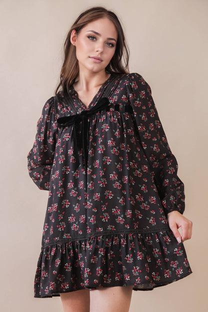 Black Floral Velvet Bow Dress