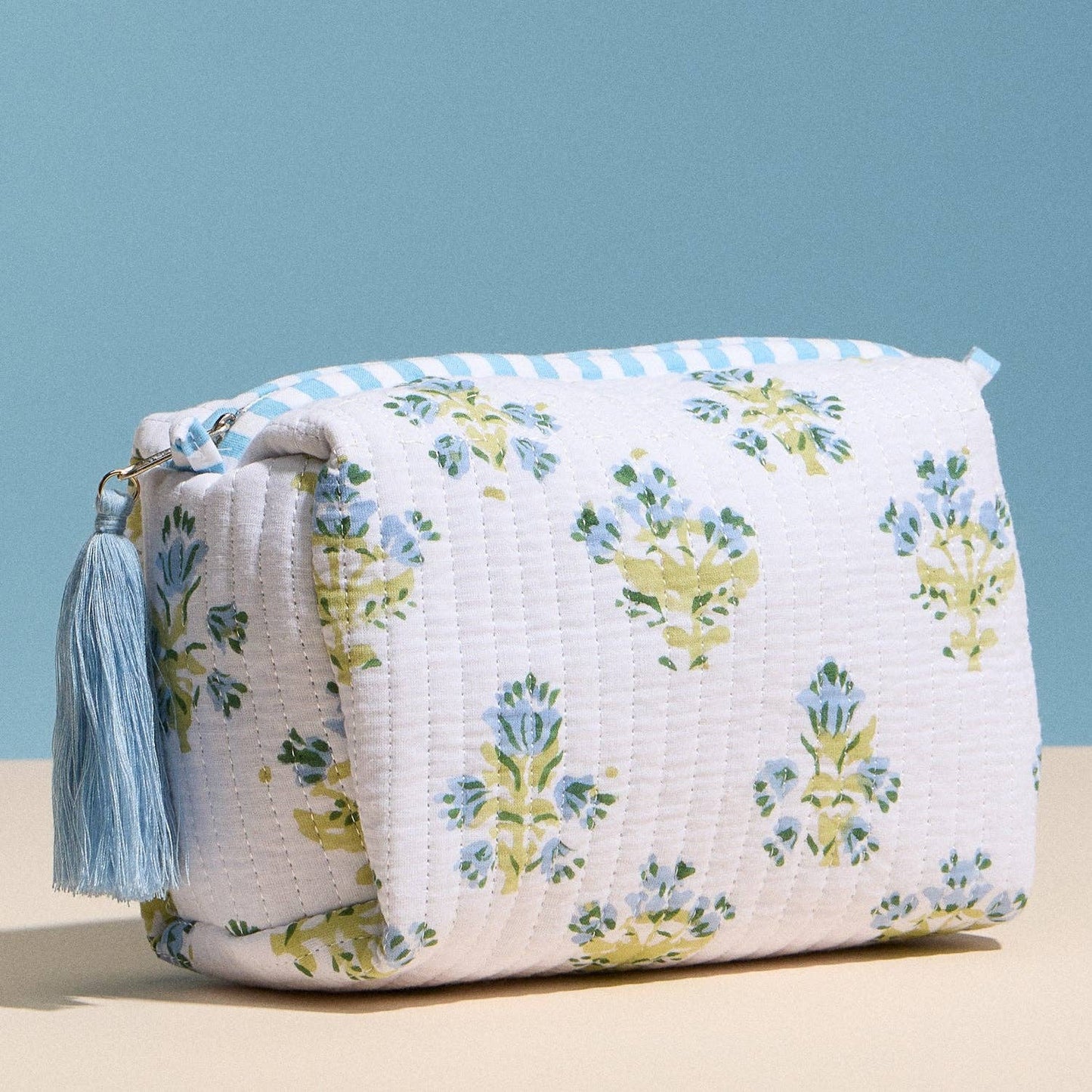 Light Blue Quilted Floral Cosmetic Pouch | Zipper Makeup Bag with Tassel